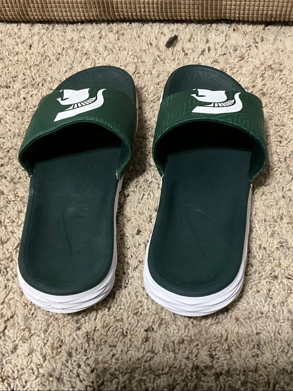 Nike mens Forest Green Slide Sandals with White Sole